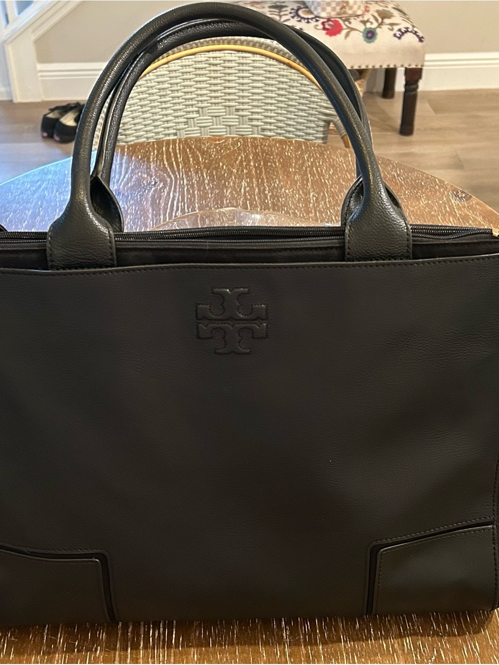Tory Burch Black Leather Satchel with Logo Detail